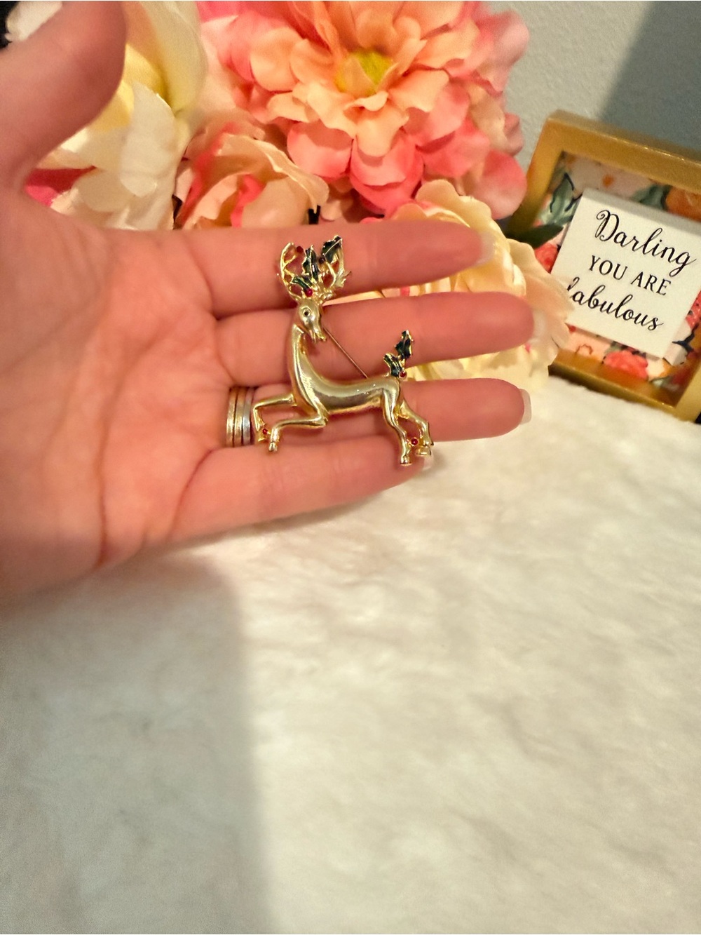 Vintage Gold Tone Christmas Reindeer Brooch Pin Holiday Deer